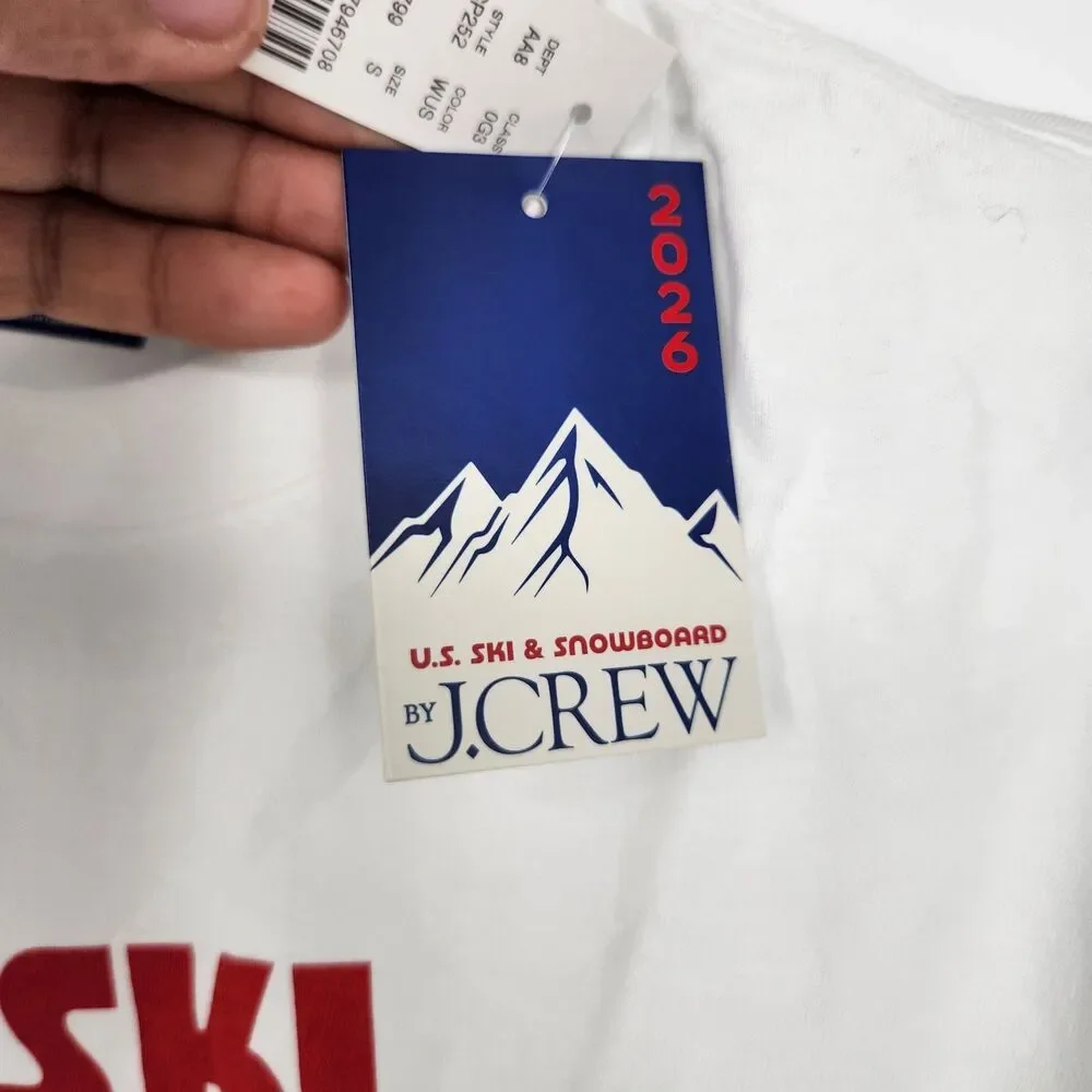NWT J Crew Men's Small White U.S Ski Long Sleeve Graphic Tee Premium Weight